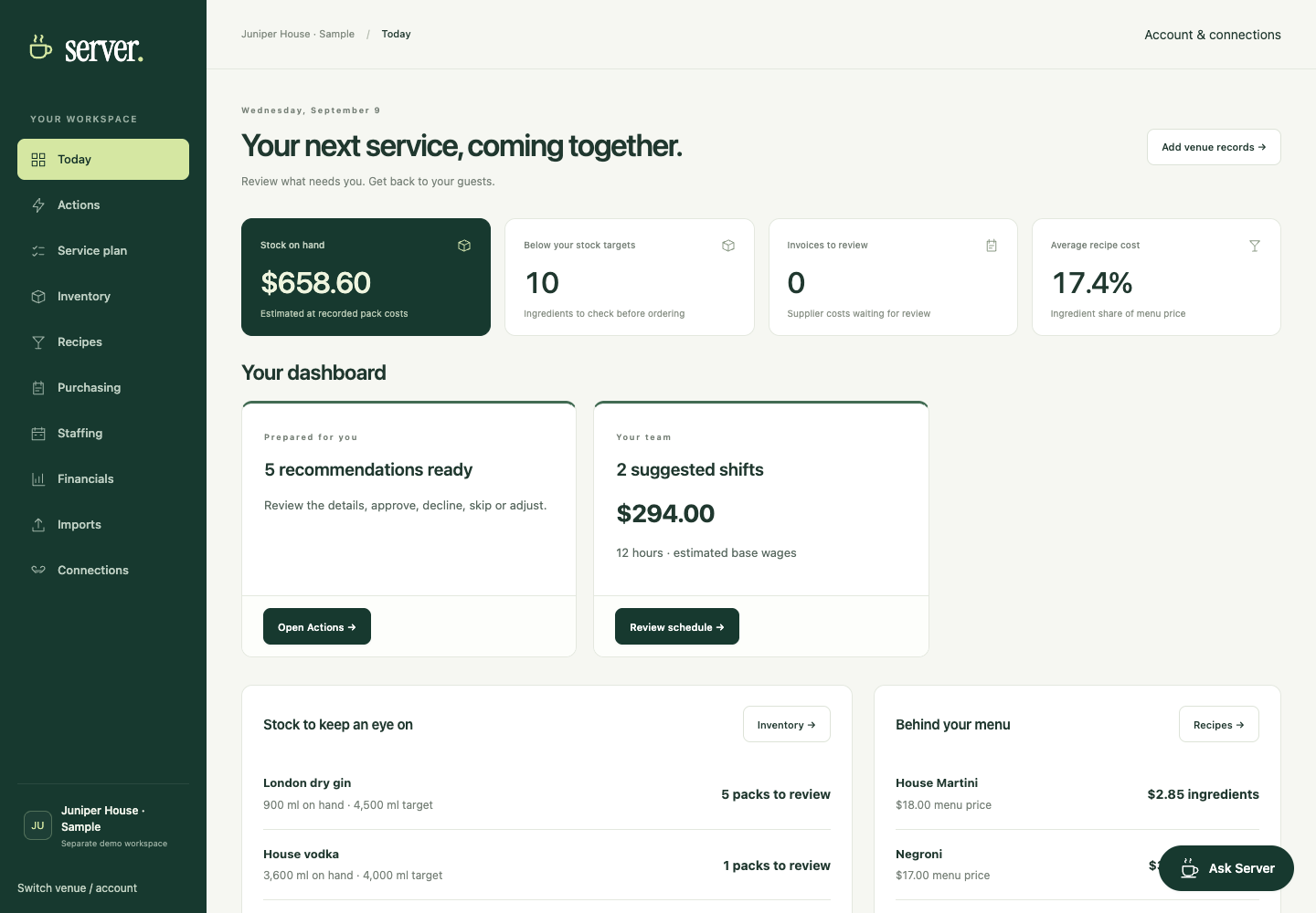 Server dashboard for fictional Juniper House, showing stock, purchasing and service recommendations.